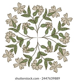 Ornate floral design with blooming branches. Siléne vulgáris. Bouquet of white blossom and green leaves. Folk style.
