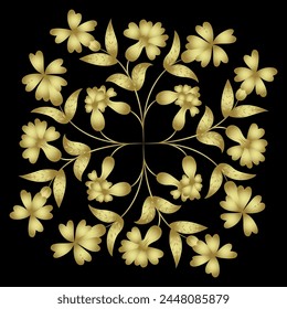 Ornate floral design with blooming branches. Siléne vulgáris. Folk style. Golden glossy silhouette on black background.