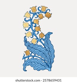 Ornate floral design with blue and gold hues. Intricate flower patterns and leaves. Decorative floral motif with elegant blue and gold elements. Vintage flower illustration isolated on white, vector.