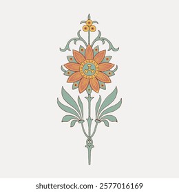 Ornate floral design with a central orange flower, green leaves, and intricate patterns. The floral motif is decorative and elegant, showcasing floral artistry. Vintage floral illustration, vector.