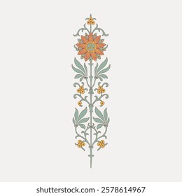 Ornate floral design with intricate patterns. Features a central flower with symmetrical leaves. Delicate floral motifs and detailed floral elements. Vintage flower illustration isolated, vector.