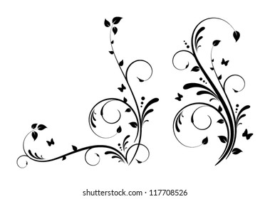 Ornate floral design with leaves and butterflies.