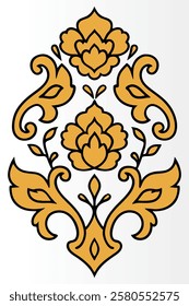 Ornate floral design, symmetrical pattern, golden yellow and orange hues, intricate scrollwork, Persian motif, decorative emblem.