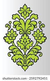 Ornate floral design, symmetrical pattern, bright lime green leaves, curling stems, stylized foliage, decorative motif, baroque-inspired.