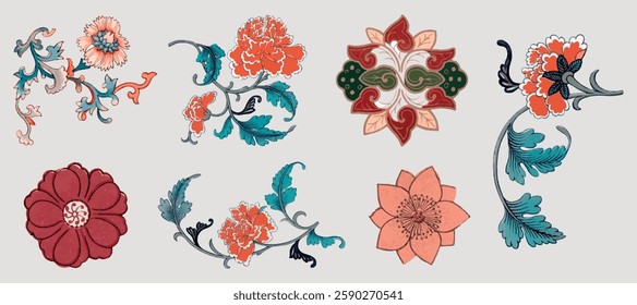 Ornate floral designs featuring intricate patterns. Floral motifs with vibrant colors. Detailed floral art with diverse shapes and elegant floral elements. Decorative illustrations, element vector set