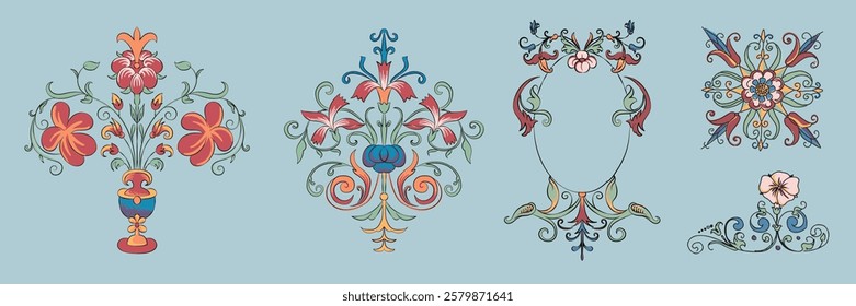 Ornate floral designs with intricate patterns. Floral motifs in vibrant colors. Decorative floral elements with symmetrical patterns. Elegant floral artwork. Decorative illustrations, element vectors.