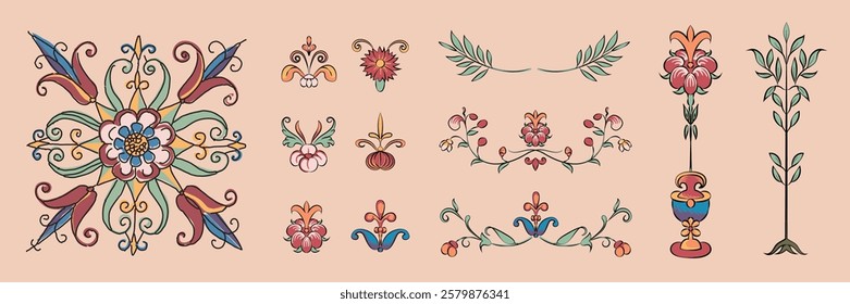 Ornate floral designs with intricate patterns. Floral motifs in vibrant colors. Decorative floral elements with symmetrical patterns and elegant details. Decorative illustrations, element vector set.