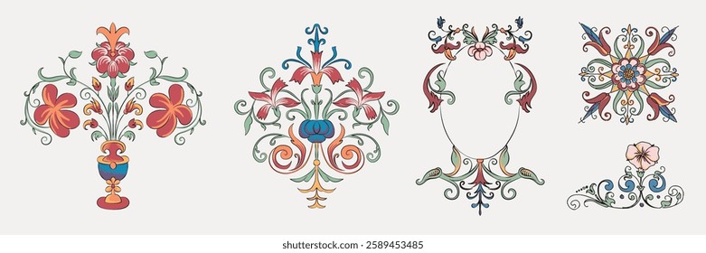 Ornate floral designs with intricate patterns. Floral motifs in vibrant colors. Detailed floral art with decorative elements. Elegant floral arrangements. Decorative illustrations, element vector set.