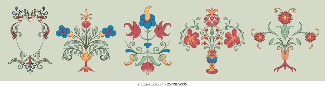 Ornate floral designs in vibrant colors. Intricate patterns with symmetrical floral motifs. Decorative elements with elegant details. Decorative illustrations, element vector set.