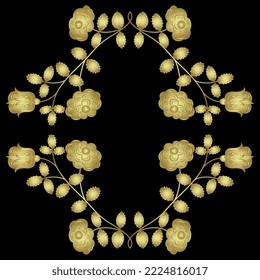 Ornate floral frame with blooming rosebuds. Botanical border with roses. Folk style. Golden glossy silhouette on black background.