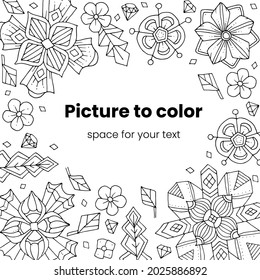 Ornate floral Rahmen, Rand mit Platz für Text. Handgezeichnete Farbseite für Kinder und Erwachsene. Schöne Zeichnung mit Mustern und kleinen Details. Farbige Buchbilder. Vektorquadrat-Illustration