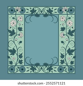 Ornate Floral Frame Featuring Flowers, Leaves, and Curved Details. Symmetrical Design in Blue and Green Tones. Perfect for Invitations, Fantasy Themes, and Elegant Stationery. Flat Vector Illustration