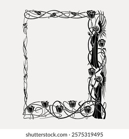 Ornate floral frame with intricate black and white floral patterns. Elegant floral design features flowers and vines. Vintage floral illustration, vector.