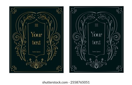 Ornate Floral Frames with Gold and Silver Accents on Dark Green Background. Featuring Botanical Details and Swirling Motifs. Ideal for Premium Book Covers, Invitations, and Classic Designs.