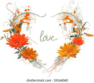 Ornate floral heart and gray ink splat background for your text, vector images scale to any size.