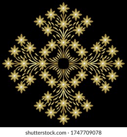 Ornate floral jewelry decor. Cross mandala with stylized flower branches. Gold and pearls on black. Isolated vector illustration.