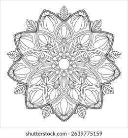 Ornate Floral Mandala Coloring Page Vector - Detailed Botanical Star Pattern with Decorative Border for Adult Stress Relief Art