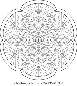Ornate floral mandala for coloring. Perfect for relaxation, meditation, and creative expression. Intricate design with symmetrical patterns and decorative elements