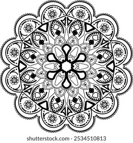 Ornate Floral Mandala with Geometric Patterns, Black and White Line Art, Adult Coloring Page, Mindful Art for Relaxation, 
Decorative Mandala Design for Creative Meditation and Stress Relief
