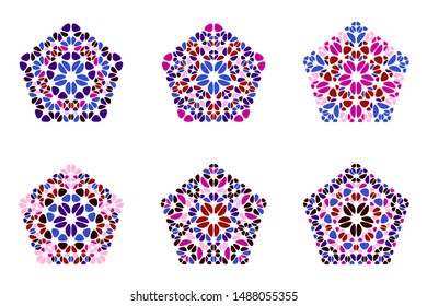 Ornate floral mosaic pentagon shape set - colorful ornamental abstract geometrical vector elements with curved shapes