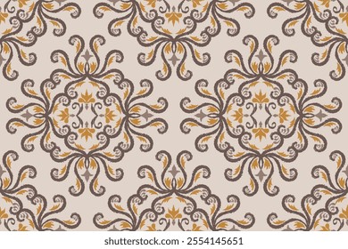 Ornate floral motif pattern is in a beige and gold color scheme. Classic damask pattern with a subtle vintage. Seamless pattern with elaborate swirls and scrolls, perfect for backgrounds or textile