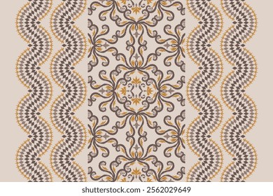 Ornate floral motif pattern is in a beige and gold color scheme. Classic damask pattern with a subtle vintage. Seamless pattern with elaborate swirls and scrolls, perfect for backgrounds or textile