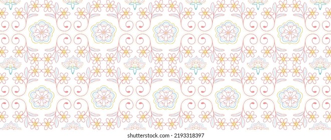 Ornate floral motif pattern repeating on white background. Unique floral seamless pattern
