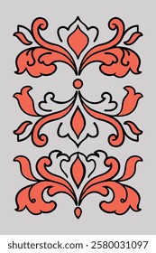 Ornate floral motif, symmetrical design, red and gray color scheme, embroidery-style pattern, curling tendrils, decorative scrollwork, vintage textile art.