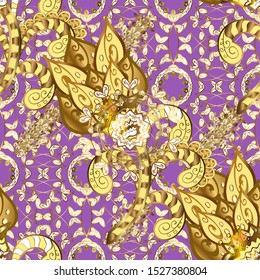 Ornate floral ornament. Seamless pattern in oriental style. Vector illustration. Illustration in violet and yellow colors. Urban pattern for textile and fabric. In cute curls style.