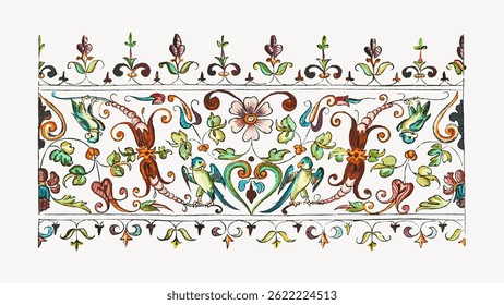 Ornate floral pattern with colorful flowers, leaves, and birds. Intricate floral design features vibrant flowers and birds, creating a lively floral motif. Vintage illustration vector.