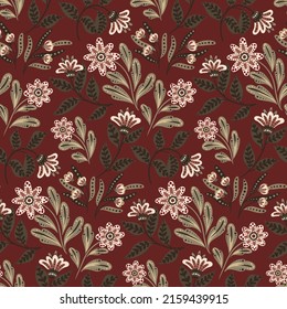 Ornate floral pattern with decorative plants in traditional folk art style. Seamless pattern, botanical print with painting flowers, leaves on branches. Vector illustration.