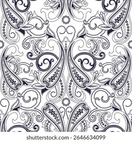 Padrão floral ornamentado com espirais intrincados e detalhes, adequado para design de têxteis ou papel de parede.
