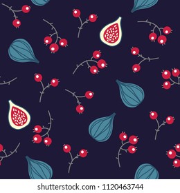 Ornate floral pattern with figs and berries in vector graphic images on the purple background