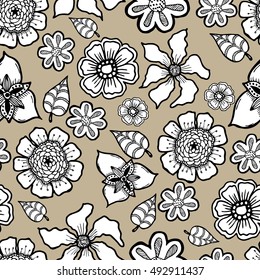 Ornate floral pattern with flowers. Doodle sharpie background. template for card, poster, leaflet. seamless