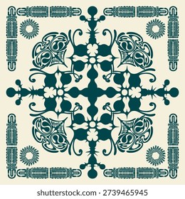 Ornate floral pattern illustration featuring symmetrical designs details in a square composition from bandana slayer scarf print art editable