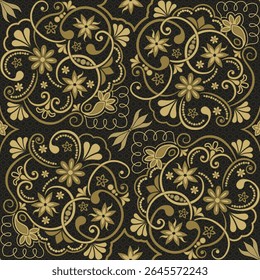 Padrão floral ornamentado com espirais intrincados e formas em ouro e preto.