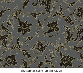 Ornate padrão floral com vinhas intrincadas e flores em ouro em um fundo cinza.