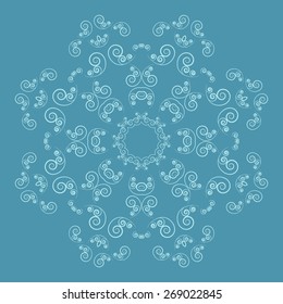 Ornate floral pattern on blue background. Lacy flower with curl elements
