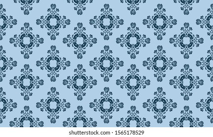 Ornate floral pattern on a light blue background.