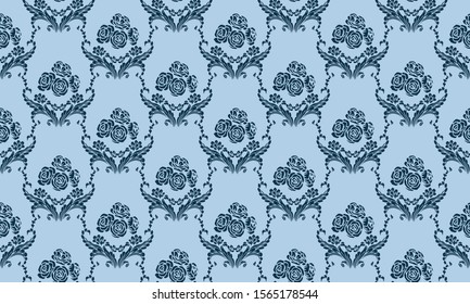 Ornate floral pattern on a light blue background.