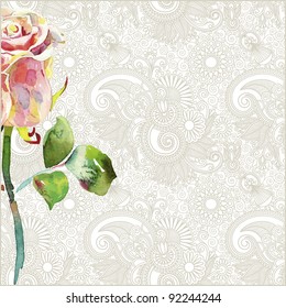 ornate floral pattern with pink watercolor rose