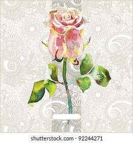 ornate floral pattern with pink watercolor rose