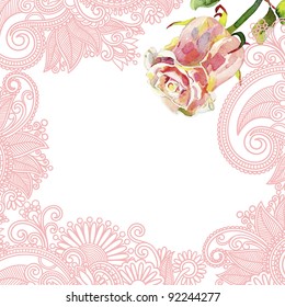 ornate floral pattern with pink watercolor rose