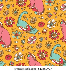 ornate floral pattern. Seamless vector doodle hand drawn pattern with flowers, cats for wallpapers, web page backgrounds,textile