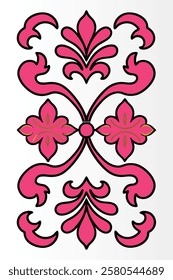 Ornate floral pattern, symmetrical design, vibrant pink and red, white background, decorative scrollwork, Victorian style motif, intricate details, elegant curves.