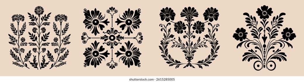 Ornate floral patterns in black. Floral designs feature intricate flowers and leaves. Decorative floral motifs add elegance. Black floral art on beige background. Element vector set.