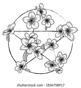 Ornate floral pentagram, magic occult star symbol with flowers. Vector illustration in black isolated over white.