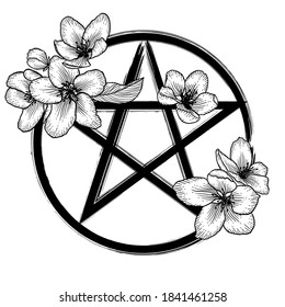 Ornate floral pentagram, magic occult star symbol with flowers. Vector illustration in black isolated over white.