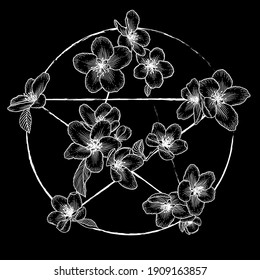 Ornate floral pentagram, magic occult star symbol with flowers. Vector illustration in white isolated over black.