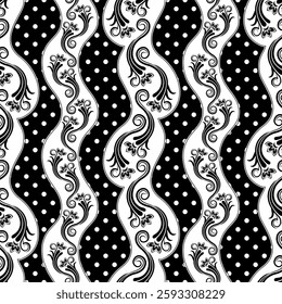 Ornate floral polka dot pattern in black and white for textile design. Vector, illustration